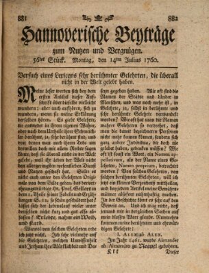 Hannoverische Beyträge zum Nutzen und Vergnügen (Hannoversche Anzeigen) Montag 14. Juli 1760