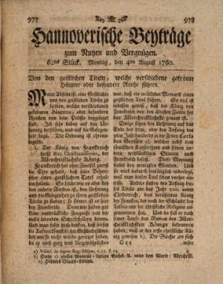 Hannoverische Beyträge zum Nutzen und Vergnügen (Hannoversche Anzeigen) Montag 4. August 1760