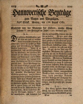 Hannoverische Beyträge zum Nutzen und Vergnügen (Hannoversche Anzeigen) Montag 11. August 1760