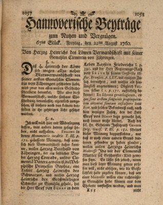 Hannoverische Beyträge zum Nutzen und Vergnügen (Hannoversche Anzeigen) Freitag 22. August 1760