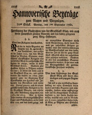 Hannoverische Beyträge zum Nutzen und Vergnügen (Hannoversche Anzeigen) Montag 1. September 1760