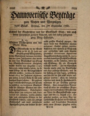 Hannoverische Beyträge zum Nutzen und Vergnügen (Hannoversche Anzeigen) Freitag 5. September 1760