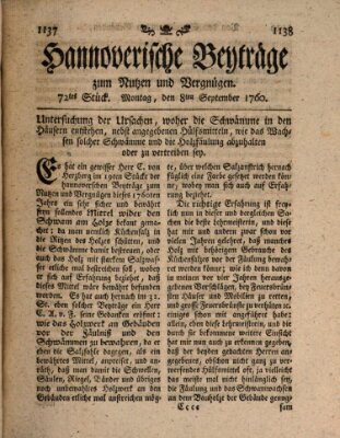 Hannoverische Beyträge zum Nutzen und Vergnügen (Hannoversche Anzeigen) Montag 8. September 1760