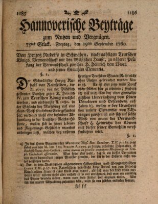 Hannoverische Beyträge zum Nutzen und Vergnügen (Hannoversche Anzeigen) Freitag 19. September 1760