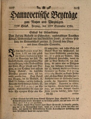 Hannoverische Beyträge zum Nutzen und Vergnügen (Hannoversche Anzeigen) Freitag 26. September 1760