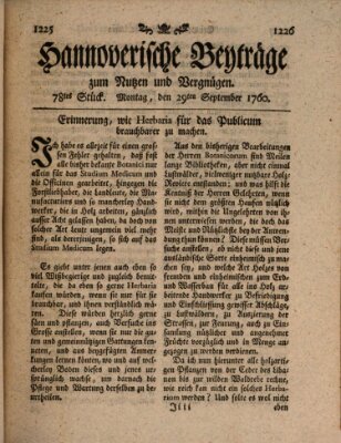 Hannoverische Beyträge zum Nutzen und Vergnügen (Hannoversche Anzeigen) Montag 29. September 1760