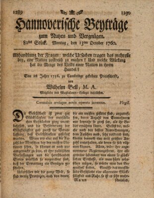 Hannoverische Beyträge zum Nutzen und Vergnügen (Hannoversche Anzeigen) Montag 13. Oktober 1760