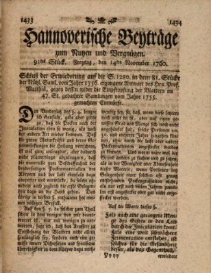 Hannoverische Beyträge zum Nutzen und Vergnügen (Hannoversche Anzeigen) Freitag 14. November 1760