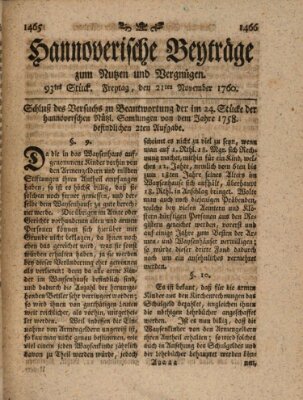 Hannoverische Beyträge zum Nutzen und Vergnügen (Hannoversche Anzeigen) Freitag 21. November 1760