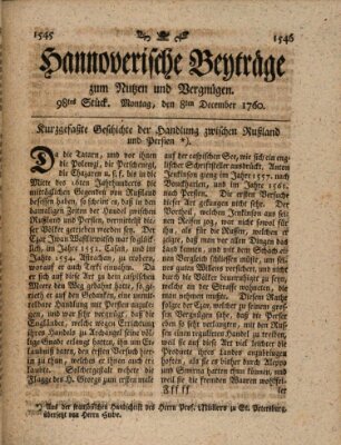 Hannoverische Beyträge zum Nutzen und Vergnügen (Hannoversche Anzeigen) Montag 8. Dezember 1760