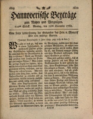 Hannoverische Beyträge zum Nutzen und Vergnügen (Hannoversche Anzeigen) Montag 22. Dezember 1760