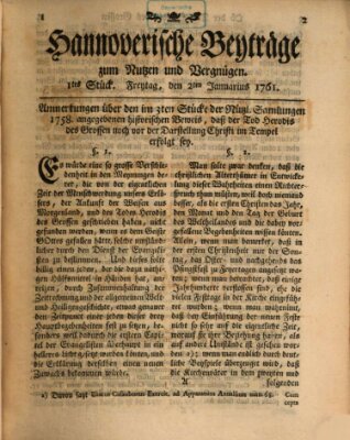 Hannoverische Beyträge zum Nutzen und Vergnügen (Hannoversche Anzeigen) Freitag 2. Januar 1761