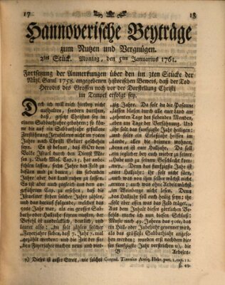 Hannoverische Beyträge zum Nutzen und Vergnügen (Hannoversche Anzeigen) Montag 5. Januar 1761