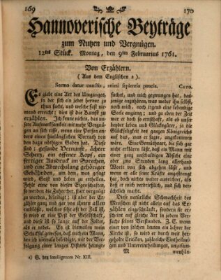 Hannoverische Beyträge zum Nutzen und Vergnügen (Hannoversche Anzeigen) Montag 9. Februar 1761