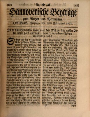 Hannoverische Beyträge zum Nutzen und Vergnügen (Hannoversche Anzeigen) Freitag 20. Februar 1761