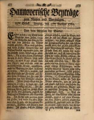 Hannoverische Beyträge zum Nutzen und Vergnügen (Hannoversche Anzeigen) Freitag 27. März 1761