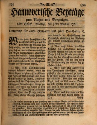 Hannoverische Beyträge zum Nutzen und Vergnügen (Hannoversche Anzeigen) Monday 30. March 1761