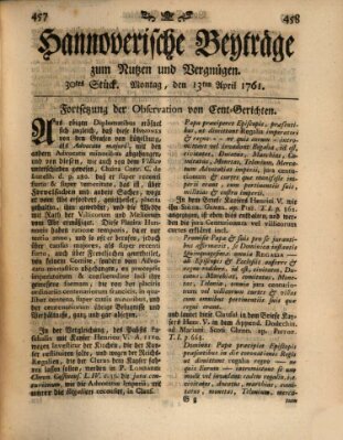 Hannoverische Beyträge zum Nutzen und Vergnügen (Hannoversche Anzeigen) Montag 13. April 1761