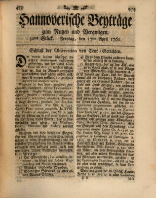 Hannoverische Beyträge zum Nutzen und Vergnügen (Hannoversche Anzeigen) Freitag 17. April 1761