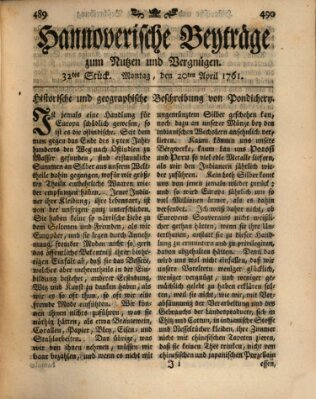 Hannoverische Beyträge zum Nutzen und Vergnügen (Hannoversche Anzeigen) Montag 20. April 1761