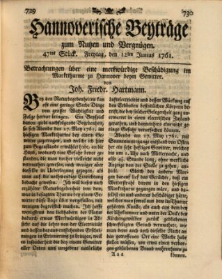 Hannoverische Beyträge zum Nutzen und Vergnügen (Hannoversche Anzeigen) Freitag 12. Juni 1761