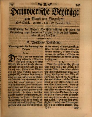 Hannoverische Beyträge zum Nutzen und Vergnügen (Hannoversche Anzeigen) Montag 15. Juni 1761