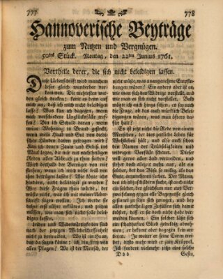 Hannoverische Beyträge zum Nutzen und Vergnügen (Hannoversche Anzeigen) Montag 22. Juni 1761