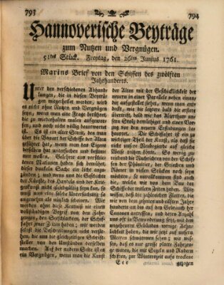 Hannoverische Beyträge zum Nutzen und Vergnügen (Hannoversche Anzeigen) Freitag 26. Juni 1761