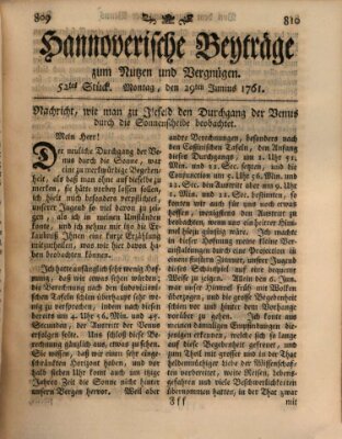 Hannoverische Beyträge zum Nutzen und Vergnügen (Hannoversche Anzeigen) Montag 29. Juni 1761