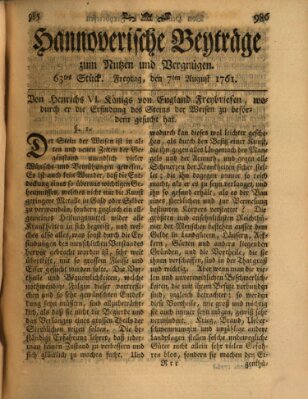 Hannoverische Beyträge zum Nutzen und Vergnügen (Hannoversche Anzeigen) Freitag 7. August 1761