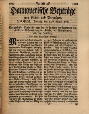 Hannoverische Beyträge zum Nutzen und Vergnügen (Hannoversche Anzeigen) Freitag 14. August 1761