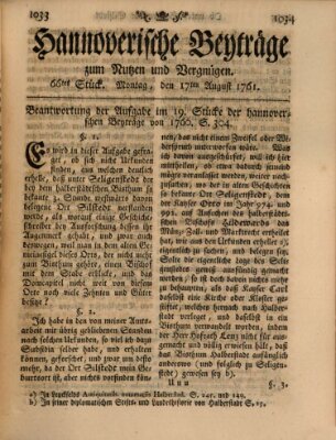 Hannoverische Beyträge zum Nutzen und Vergnügen (Hannoversche Anzeigen) Montag 17. August 1761