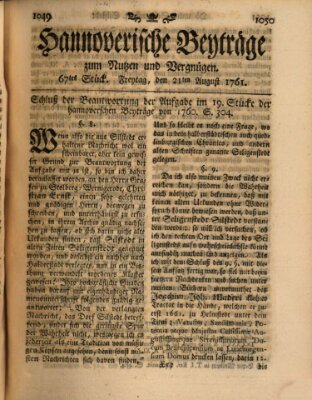 Hannoverische Beyträge zum Nutzen und Vergnügen (Hannoversche Anzeigen) Freitag 21. August 1761