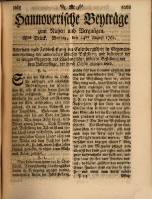 Hannoverische Beyträge zum Nutzen und Vergnügen (Hannoversche Anzeigen) Montag 24. August 1761