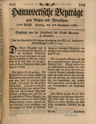 Hannoverische Beyträge zum Nutzen und Vergnügen (Hannoversche Anzeigen) Freitag 4. September 1761