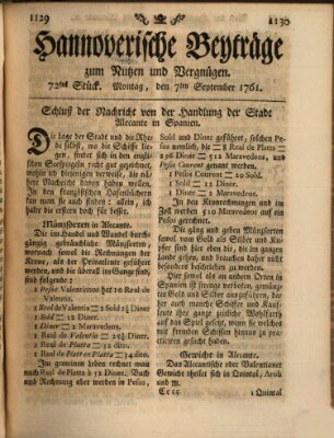 Hannoverische Beyträge zum Nutzen und Vergnügen (Hannoversche Anzeigen) Montag 7. September 1761