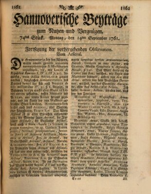 Hannoverische Beyträge zum Nutzen und Vergnügen (Hannoversche Anzeigen) Montag 14. September 1761