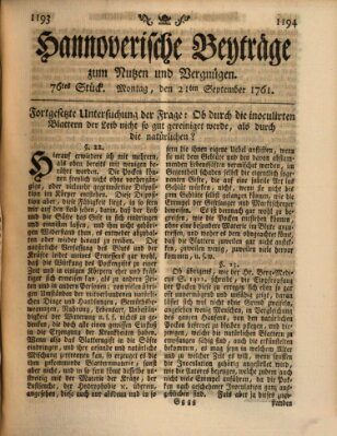 Hannoverische Beyträge zum Nutzen und Vergnügen (Hannoversche Anzeigen) Montag 21. September 1761