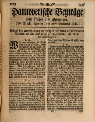 Hannoverische Beyträge zum Nutzen und Vergnügen (Hannoversche Anzeigen) Montag 28. September 1761