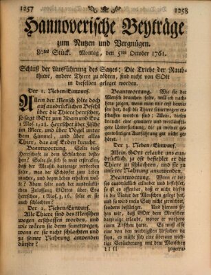 Hannoverische Beyträge zum Nutzen und Vergnügen (Hannoversche Anzeigen) Montag 5. Oktober 1761