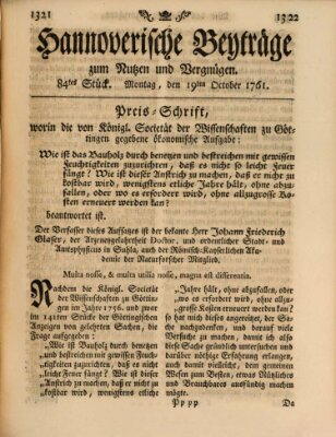 Hannoverische Beyträge zum Nutzen und Vergnügen (Hannoversche Anzeigen) Montag 19. Oktober 1761