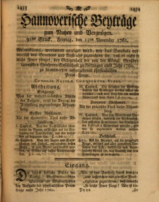 Hannoverische Beyträge zum Nutzen und Vergnügen (Hannoversche Anzeigen) Freitag 13. November 1761