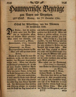 Hannoverische Beyträge zum Nutzen und Vergnügen (Hannoversche Anzeigen) Montag 7. Dezember 1761