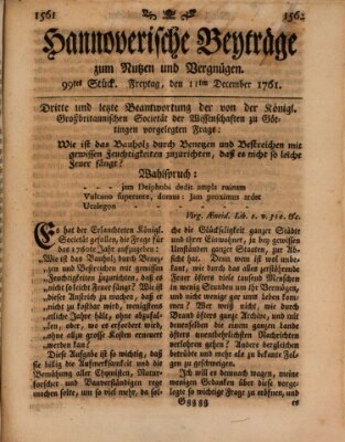 Hannoverische Beyträge zum Nutzen und Vergnügen (Hannoversche Anzeigen) Freitag 11. Dezember 1761