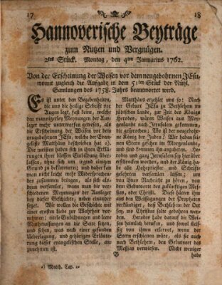 Hannoverische Beyträge zum Nutzen und Vergnügen (Hannoversche Anzeigen) Montag 4. Januar 1762