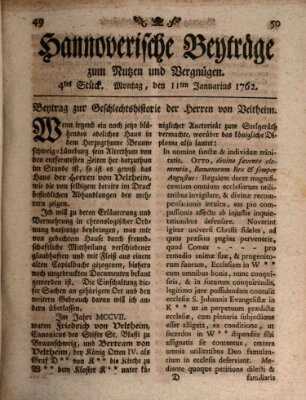 Hannoverische Beyträge zum Nutzen und Vergnügen (Hannoversche Anzeigen) Montag 11. Januar 1762