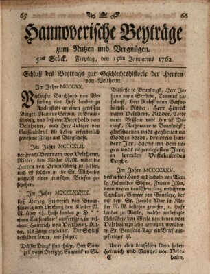 Hannoverische Beyträge zum Nutzen und Vergnügen (Hannoversche Anzeigen) Freitag 15. Januar 1762