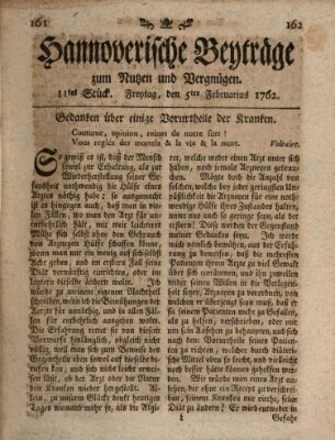 Hannoverische Beyträge zum Nutzen und Vergnügen (Hannoversche Anzeigen) Freitag 5. Februar 1762