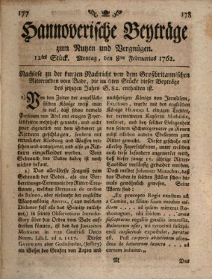 Hannoverische Beyträge zum Nutzen und Vergnügen (Hannoversche Anzeigen) Montag 8. Februar 1762