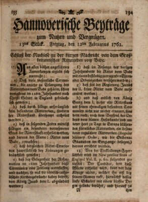 Hannoverische Beyträge zum Nutzen und Vergnügen (Hannoversche Anzeigen) Freitag 12. Februar 1762